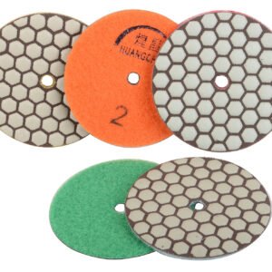4-inch (100mm) sanding disc with flexible grinding pad, featuring resin-bonded dry diamond polishing pads, suitable for granite, marble, stone and quartz surfaces.
