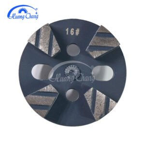 Single-spindle diamond grinding disc, 4-inch floor polishing pad, fitted with four trapezoidal grinding strips, suitable for concrete and terrazzo flooring.